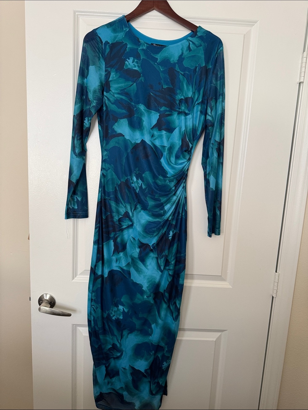 Pretty Garden Teal Floral-Print Long Sleeve Midi Dress